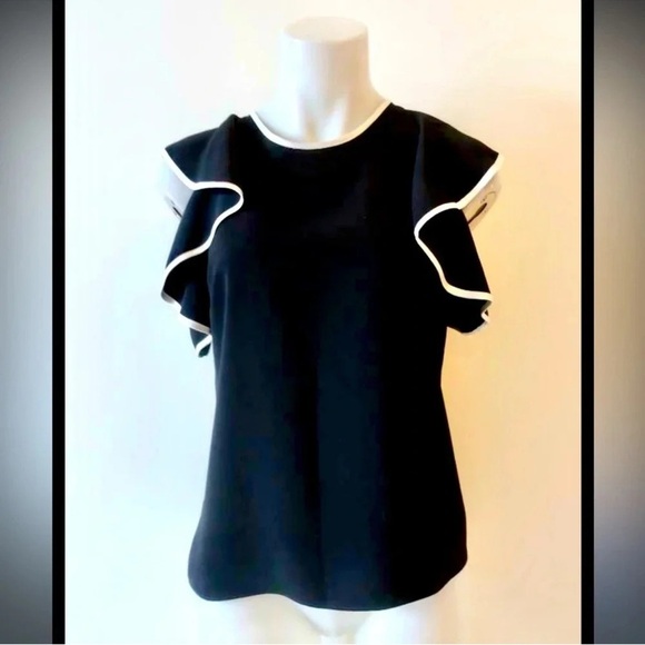 Amanda Uprichard Black Ruffled Sleeveless Blouse With Silk Trim - Picture 1 of 8